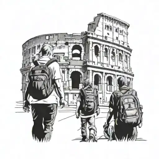 a mum, dad and child looking at the colloseum with backpacks on tattoo design idea