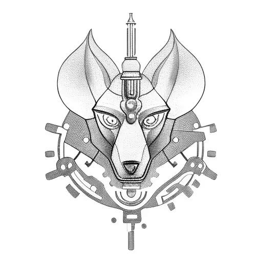 A blackwork tattoo of a mechanical Anubis, with gears and cogs representing the engineer's profession tattoo design idea