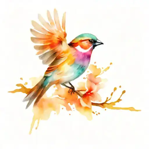 colorful sparrow flying tattoo design idea