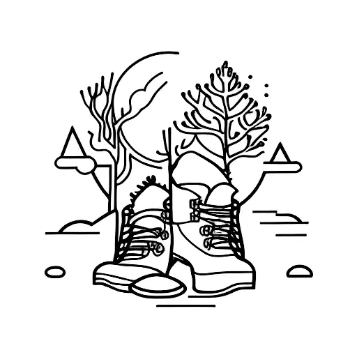 A minimalist tattoo of a hiking boot with a moon and trees inside tattoo design idea