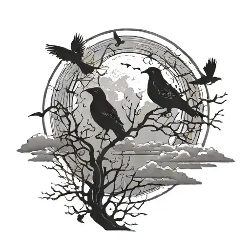 midnight sky with clouds and moon with crows perched tattoo design idea