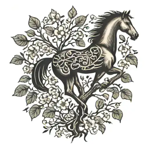 Thin, offset tree that incorporates horse within branches. Leaves and subtle flowers that may be used to incorporate the tattoo design idea