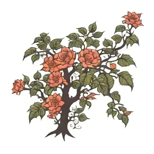 Thin, offset tree that incorporates horse within branches. Leaves and subtle flowers that may be used to incorporate the tattoo design idea