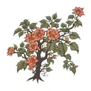 Thin, offset tree that incorporates horse within branches. Leaves and subtle flowers that may be used to incorporate the tattoo design idea