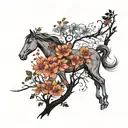 Thin, offset tree that incorporates horse within branches. Leaves and subtle flowers that may be used to incorporate the tattoo design idea