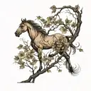 Thin, offset tree that incorporates horse within branches. Leaves and subtle flowers that may be used to incorporate the tattoo design idea