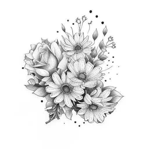 bouquet of flowers with the birth flowers of may, november, august, and january  tattoo design idea