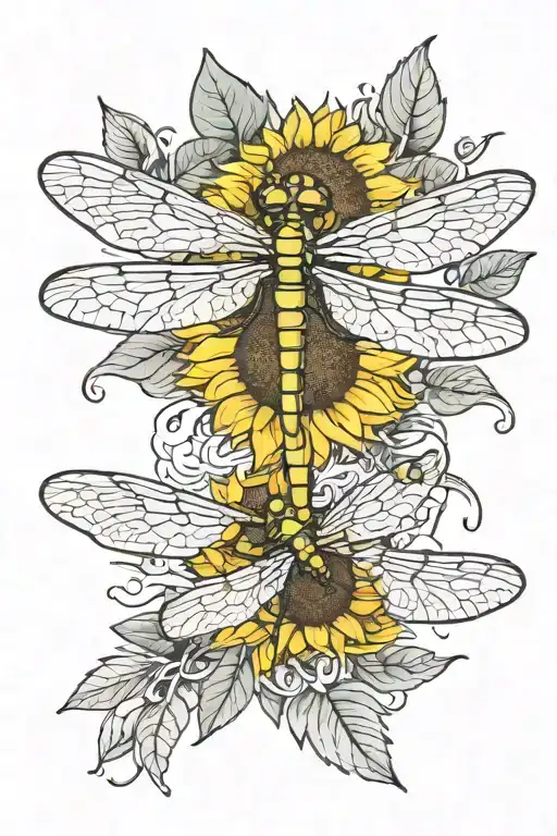 dragonfly and sunflower intertwined within its petals tattoo design idea