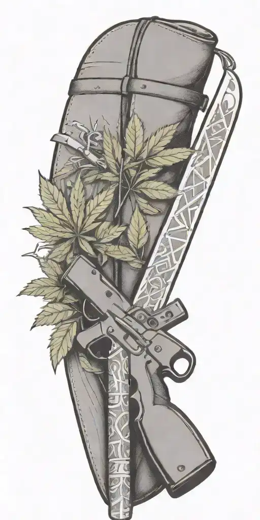 A money bag and gun crossed over a pair of skis, with weed leaves peeking out from behind, all in a geometric dotwork style tattoo design idea
