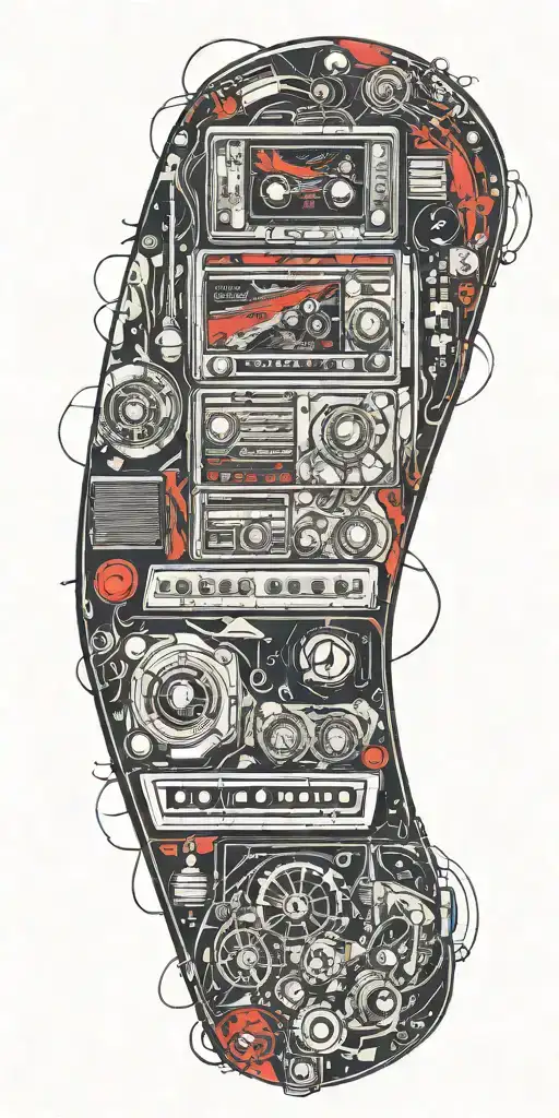 A futuristic car stereo control panel with ski gondolas as knobs, surrounded by swirling smoke and gun motifs tattoo design idea