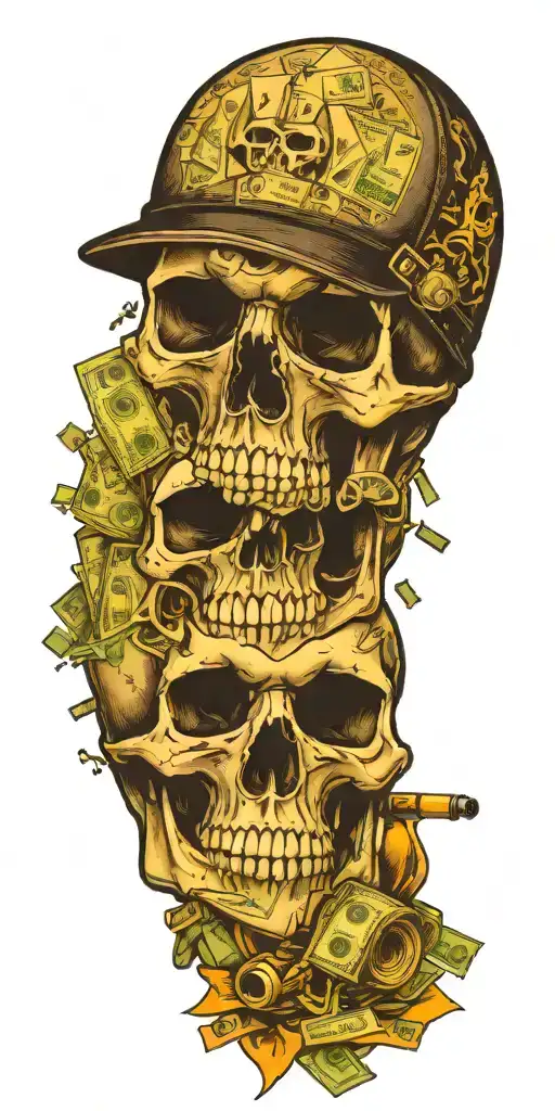 A skull smoking a joint with car stereo speakers as eyes, surrounded by stacks of money and guns tattoo design idea