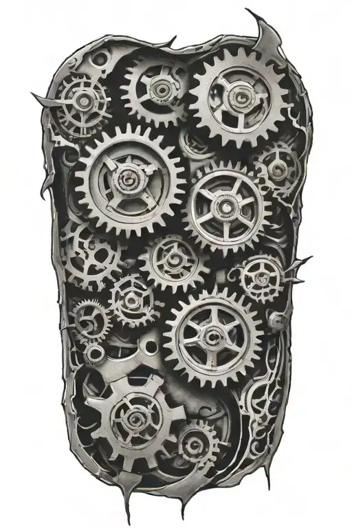 torn flesh with Hydraulics and gears inside tattoo design idea