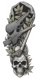 A money bag and gun crossed over a pair of skis, with weed leaves peeking out from behind, all in a geometric dotwork style tattoo design idea
