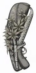A money bag and gun crossed over a pair of skis, with weed leaves peeking out from behind, all in a geometric dotwork style tattoo design idea