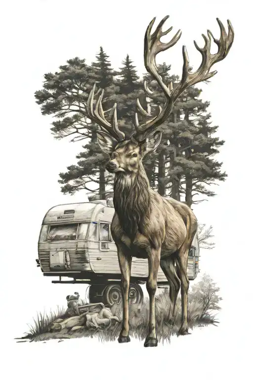 A majestic forest deer standing proudly in front of a vintage caravan tattoo design idea
