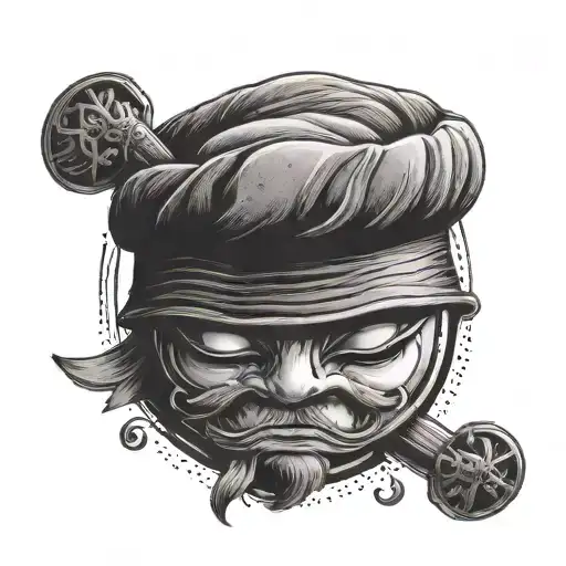 A stylized yin and yang symbol with a chef's hat on one side and a samurai helmet on the other, representing the client's dual passions for cooking and Japanese culture tattoo design idea