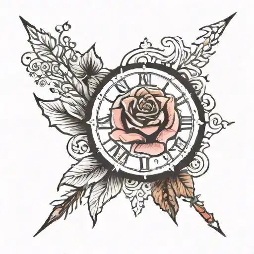 rose clock compass with word tattoo design idea