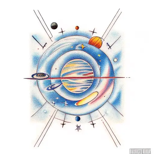collage of planets and constellations with the text "sky is the limit" tattoo design idea