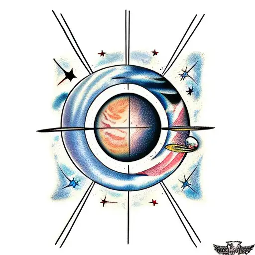 collage of planets and constellations with the text "sky is the limit" tattoo design idea