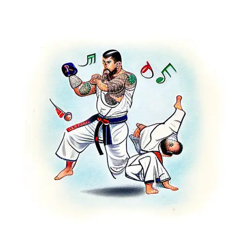A traditional tattoo of a judo fighter surrounded by musical notes tattoo design idea