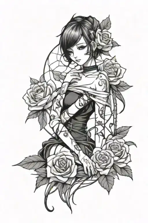 tied up anime girl with roses tattoo design idea
