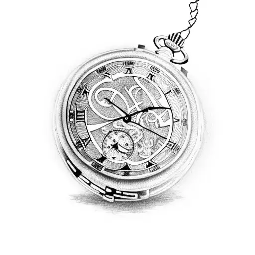 A pocket watch with money and cancer ribbon motifs, representing the client's appreciation for time and the impact of cancer on their life tattoo design idea