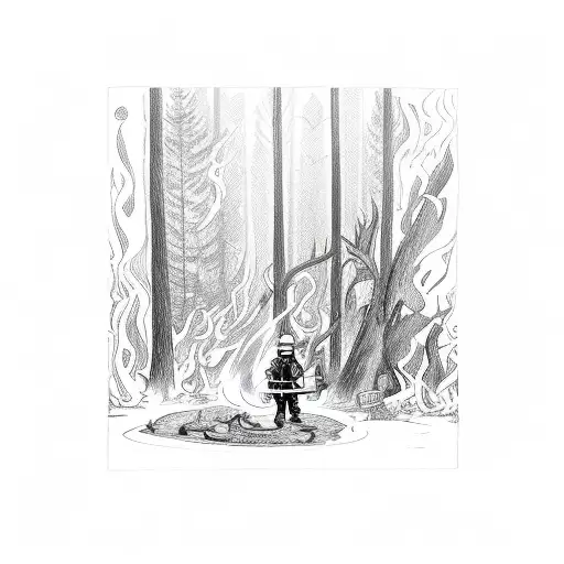 A detailed scene of a firefighter battling flames in a forest, with a reaper looming in the shadows tattoo design idea