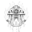 An intricate design of a firefighter's helmet engulfed in flames and water droplets tattoo design idea