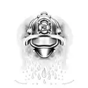An intricate design of a firefighter's helmet engulfed in flames and water droplets tattoo design idea