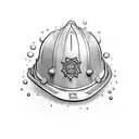An intricate design of a firefighter's helmet engulfed in flames and water droplets tattoo design idea
