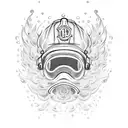 An intricate design of a firefighter's helmet engulfed in flames and water droplets tattoo design idea