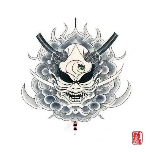black Noh Mercy with an eye on forehead  tattoo design idea