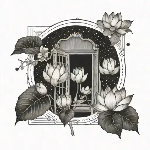 open door framed with lotus flowers tattoo design idea