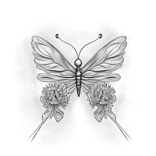 butterfly with one normal wing and the other wing iscombining chrysanthemum, marigold ,and gladiolus flowers tattoo design idea