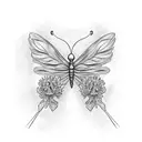 butterfly with one normal wing and the other wing iscombining chrysanthemum, marigold ,and gladiolus flowers tattoo design idea