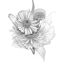 butterfly with one normal wing and the other wing iscombining chrysanthemum, marigold ,and gladiolus flowers tattoo design idea