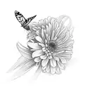 butterfly with one normal wing and the other wing iscombining chrysanthemum, marigold ,and gladiolus flowers tattoo design idea