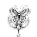 butterfly with one normal wing and the other wing iscombining chrysanthemum, marigold ,and gladiolus flowers tattoo design idea