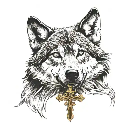 A wolf with a catholic cross tattoo design idea