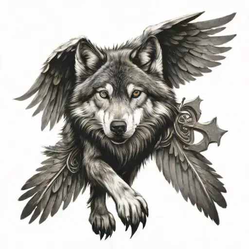 A wolf with a Catholic cross and wings tattoo design idea