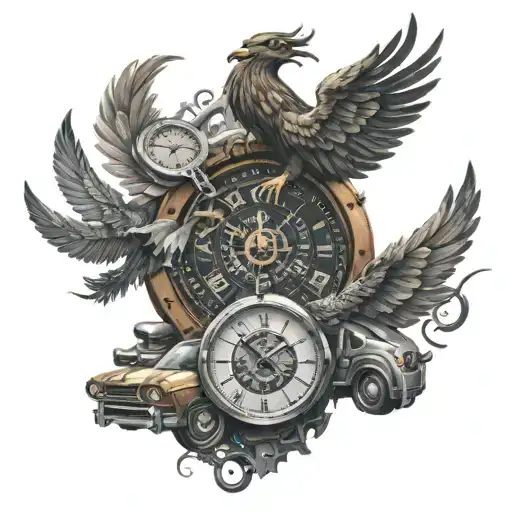 A forearm tattoo featuring a realistic clock with a phoenix perched on top, surrounded by car parts tattoo design idea