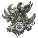 A forearm tattoo featuring a realistic clock with a phoenix perched on top, surrounded by car parts tattoo design idea