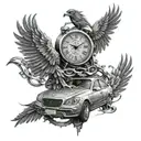 A forearm tattoo featuring a realistic clock with a phoenix perched on top, surrounded by car parts tattoo design idea