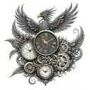 A forearm tattoo featuring a realistic clock with a phoenix perched on top, surrounded by car parts tattoo design idea