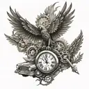 A forearm tattoo featuring a realistic clock with a phoenix perched on top, surrounded by car parts tattoo design idea