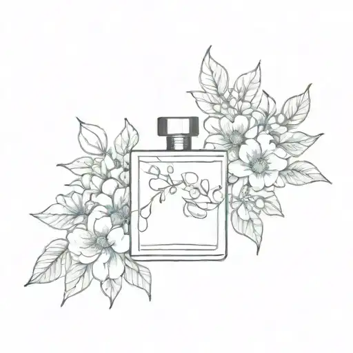 A soothing perfume bottle surrounded by a garden of vibrant flowers tattoo design idea