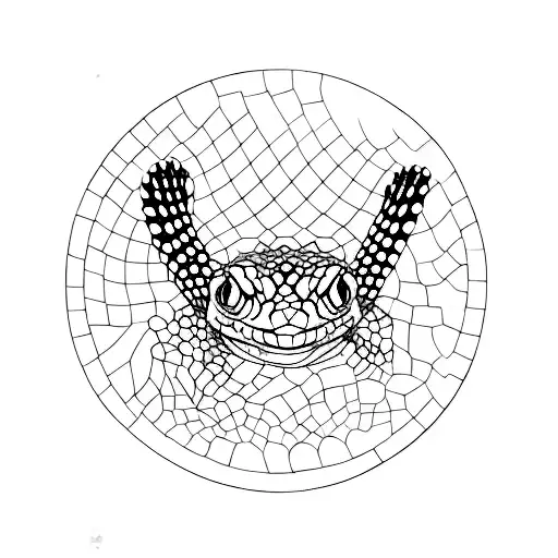 tokay gecko framed in the same position of mona lisa inside an oval minimalistic frame. the gecko must appear funny and  tattoo design idea