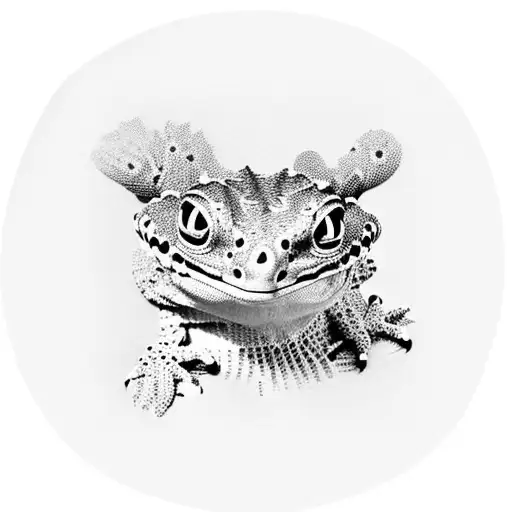 tokay gecko framed in the same position of mona lisa inside an oval minimalistic frame. the gecko must appear funny and  tattoo design idea