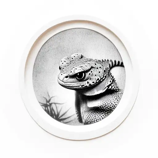 tokay gecko framed as mona lisa inside an oval minimalistic frame tattoo design idea