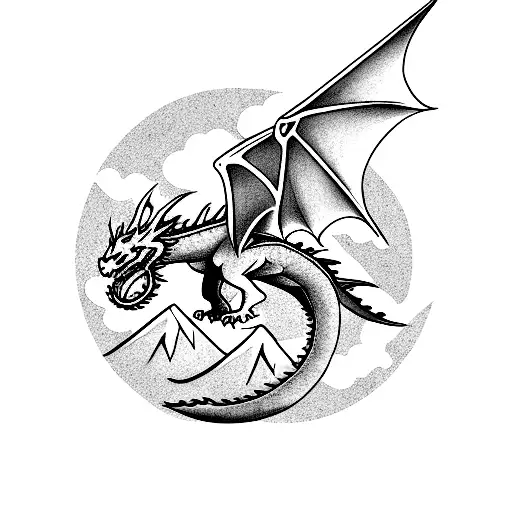A majestic dragon soaring through the night sky above a mountain range tattoo design idea